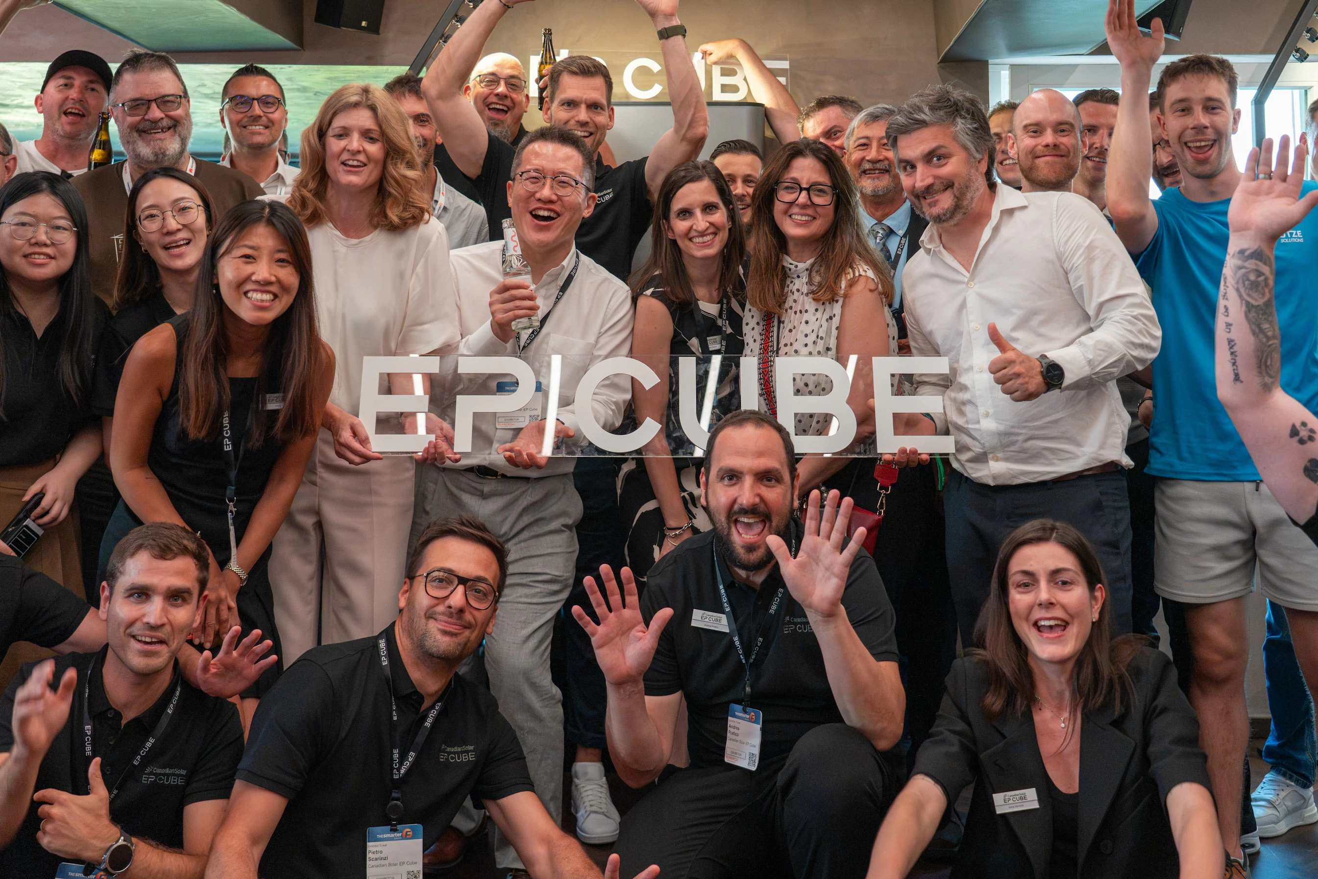 Group photo of EP Cube staff and European distribution and installer partners at the VIP product launch event at Brainlab Tower Munich, on 24 June 2026